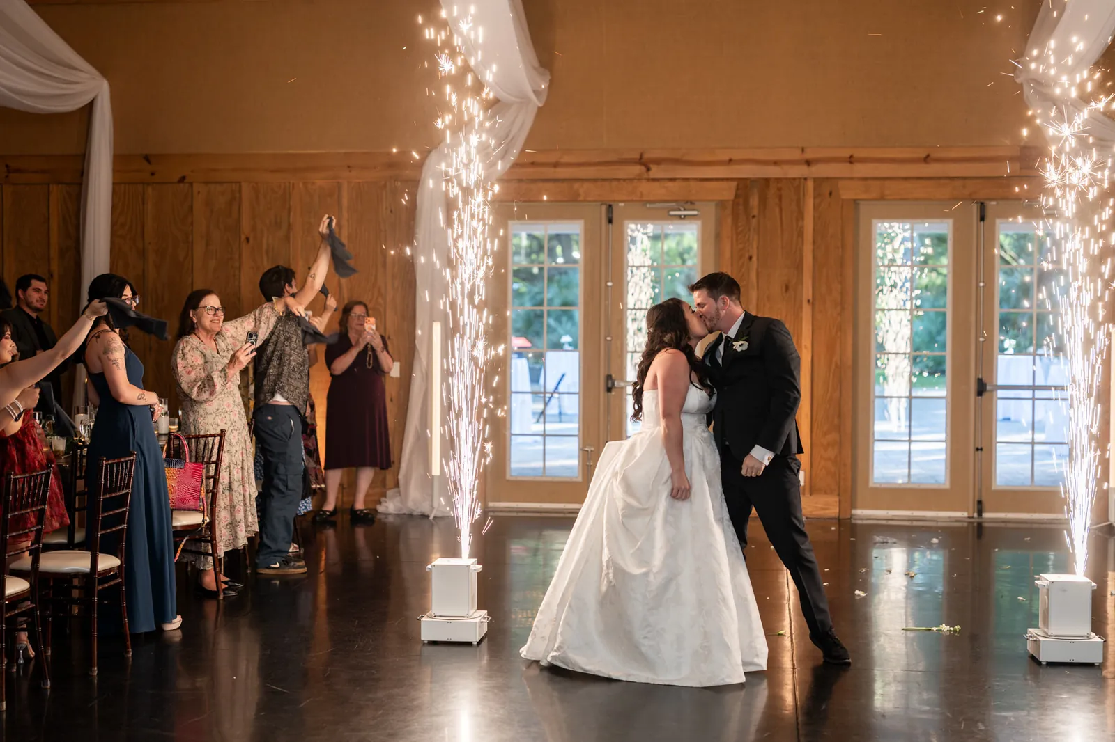 Couple first dance with cold sparklers at Bowing Oaks reception, Jacksonville FL