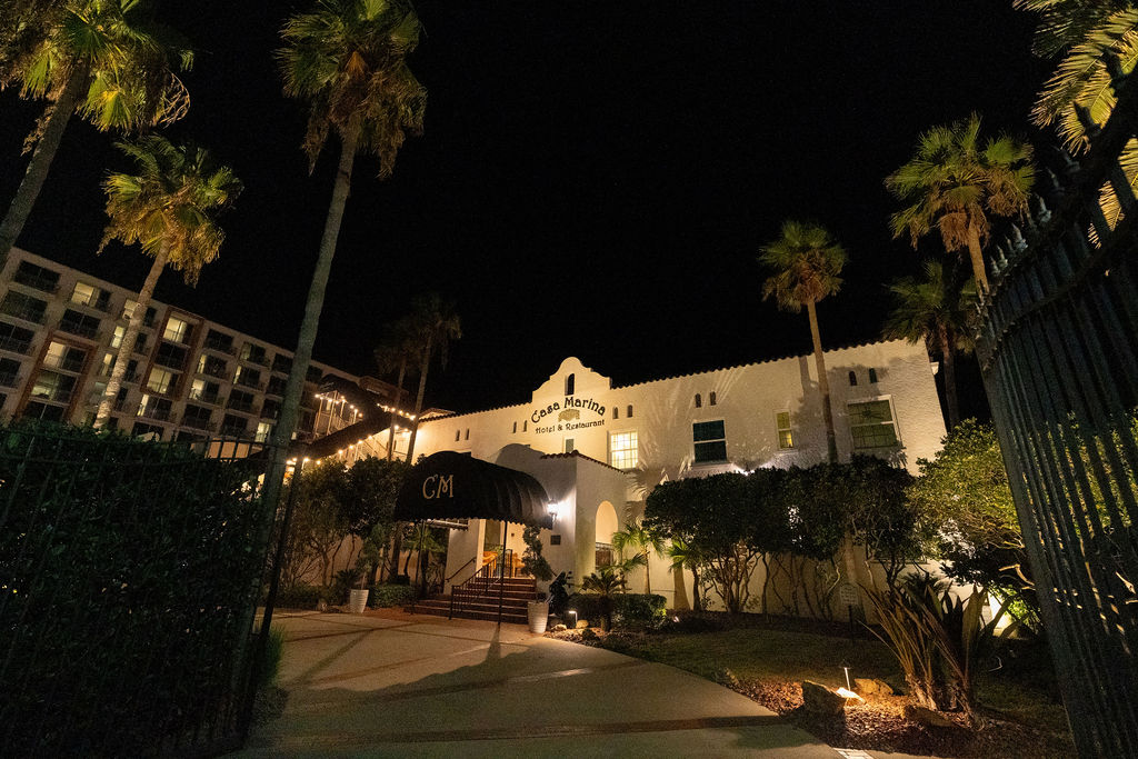 Casa Marina Hotel exterior at night, Jacksonville Beach FL