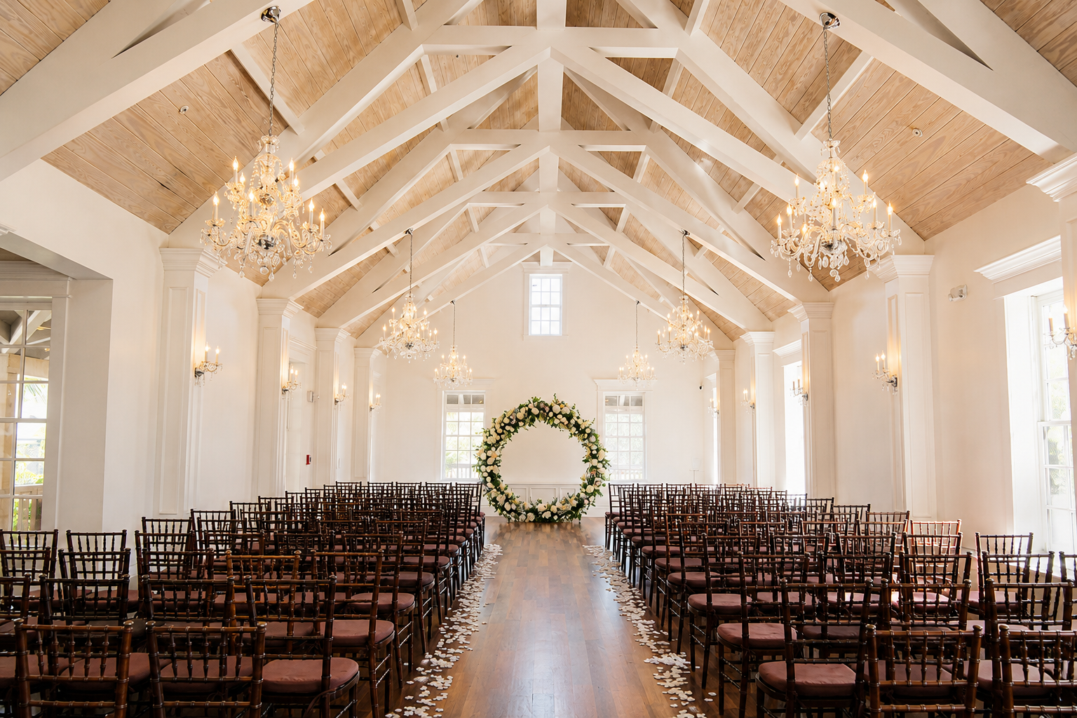 Wedding ceremony setup inside Villa Blanca at The White Room St Augustine FL — Footloose Entertainment wedding DJ