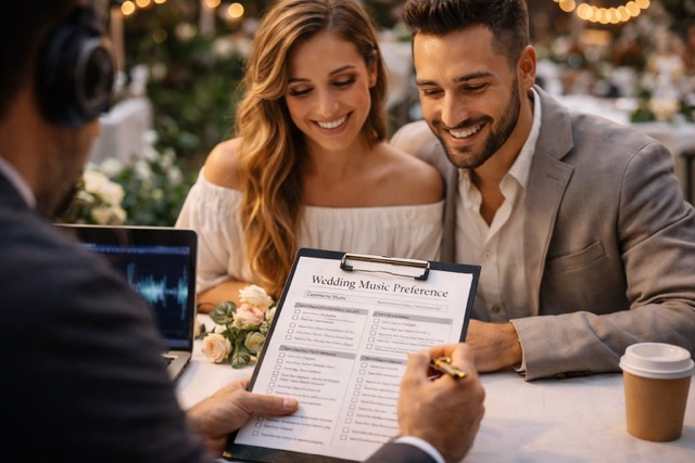 Wedding DJ consulting with couple about music preferences